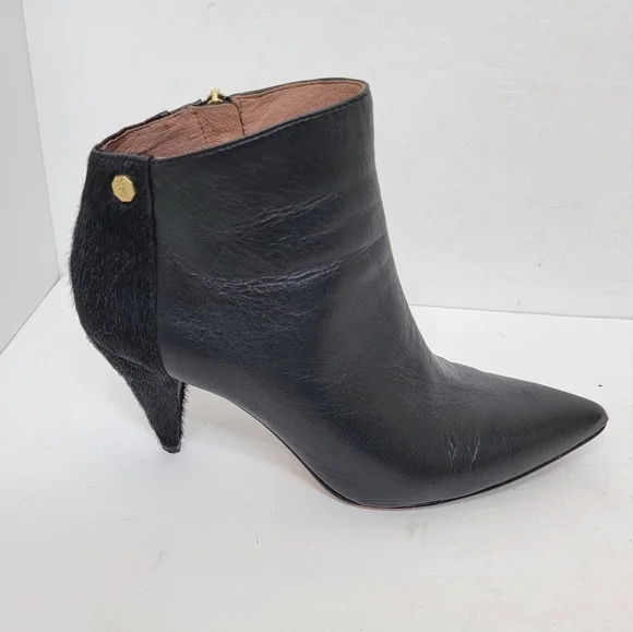 Louise et Cie Pointed Toe Black Leather & Cow Hair Heel Booties Size 7.5 - Picture 9 of 16